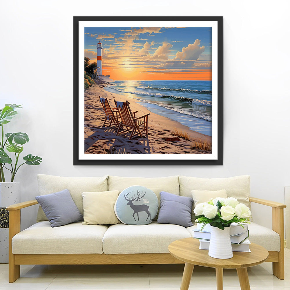 Lighthouse and Chairs by the Sea Diamond Painting