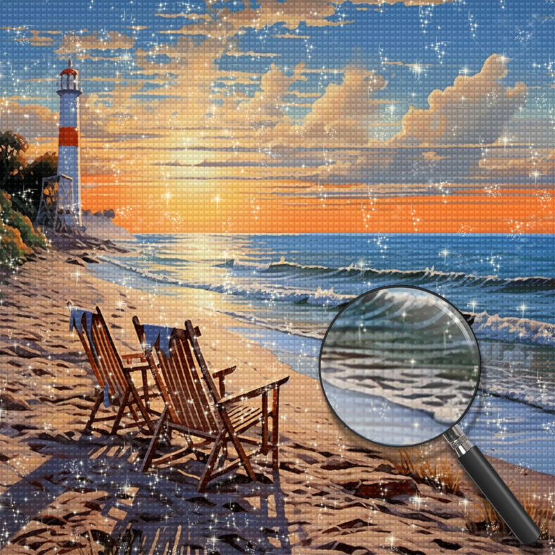 Lighthouse and Chairs by the Sea Diamond Painting