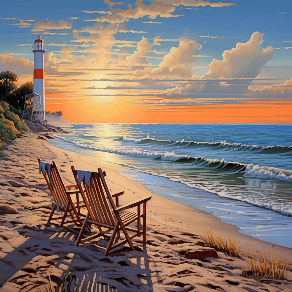 Lighthouse and Chairs by the Sea Diamond Painting
