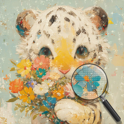 Little White Tiger Holding Flowers Diamond Painting