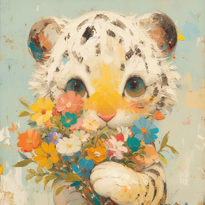 Little White Tiger Holding Flowers Diamond Painting