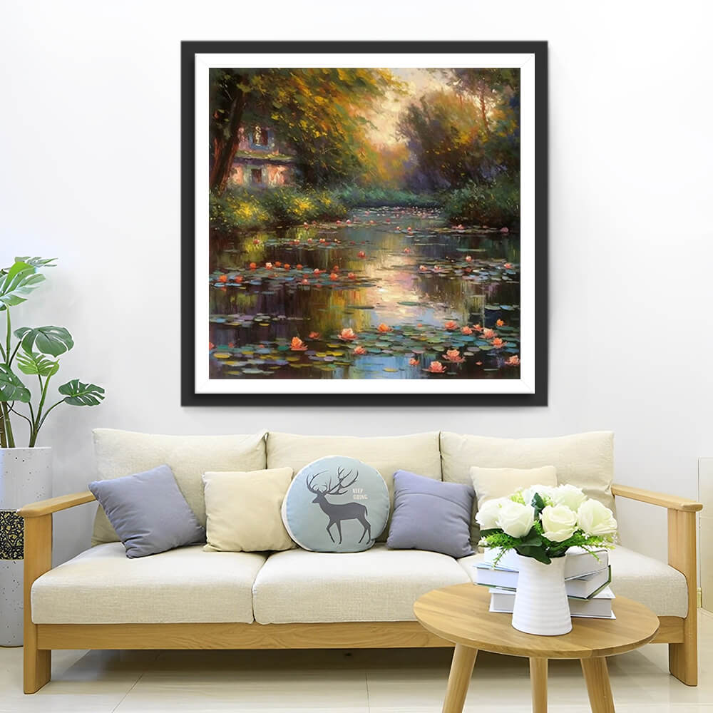 Lotus Pond in Oil Painting Style Diamond Painting