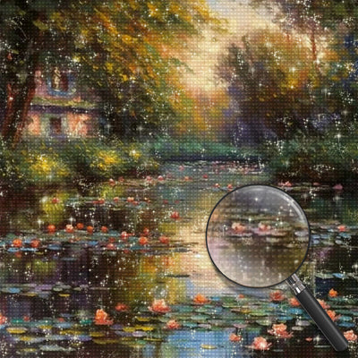Lotus Pond in Oil Painting Style Diamond Painting