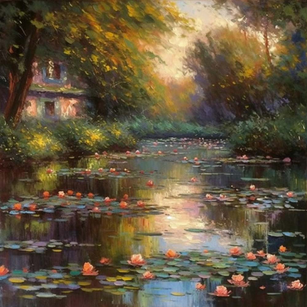 Lotus Pond in Oil Painting Style Diamond Painting