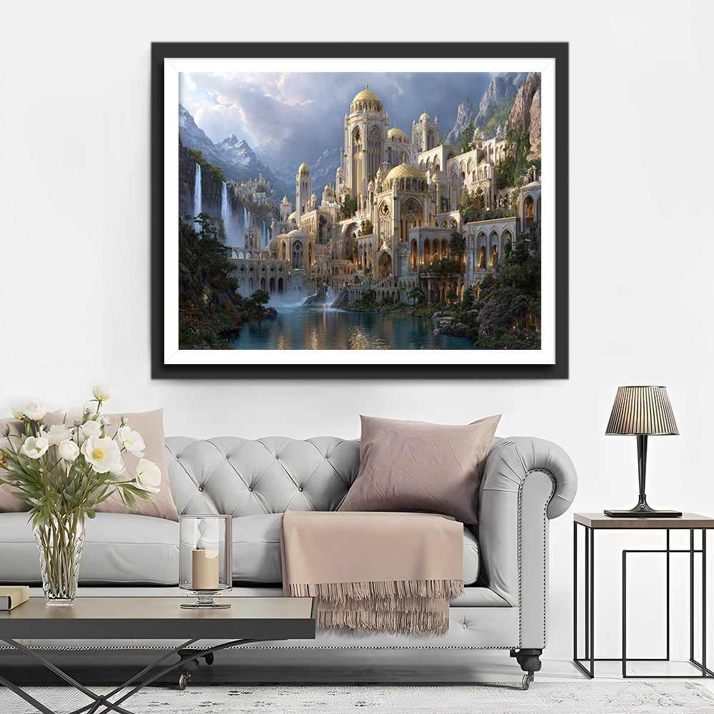 Magnificent Castle nestled between Mountains and Waterfalls Diamond Painting