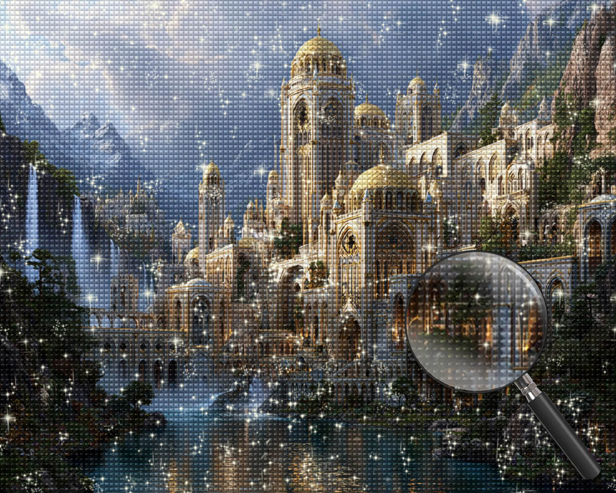 Magnificent Castle nestled between Mountains and Waterfalls Diamond Painting
