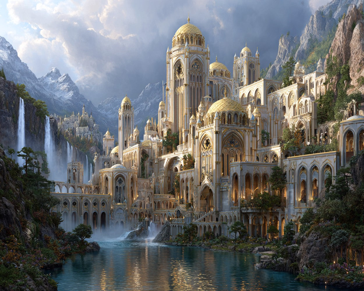 Magnificent Castle nestled between Mountains and Waterfalls Diamond Painting