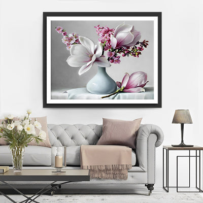 Magnolias and Orchid in White Vase Diamond Painting
