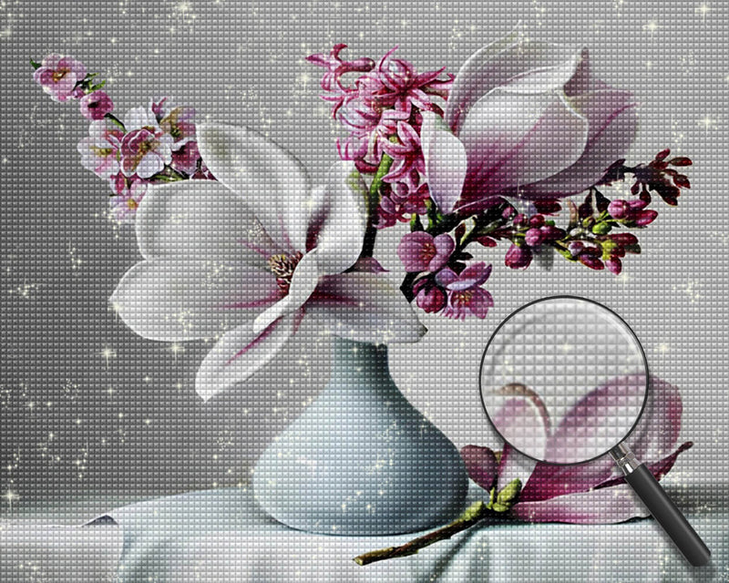 Magnolias and Orchid in White Vase Diamond Painting