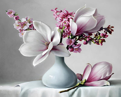 Magnolias and Orchid in White Vase Diamond Painting