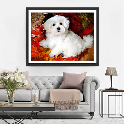 Maltese among Maple Leaves Diamond Painting
