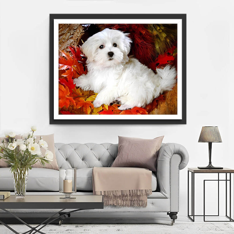 Maltese among Maple Leaves Diamond Painting