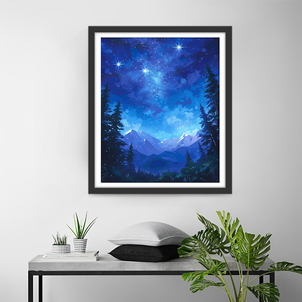 Mountains and Forests under the Blue Starry Sky Diamond Painting