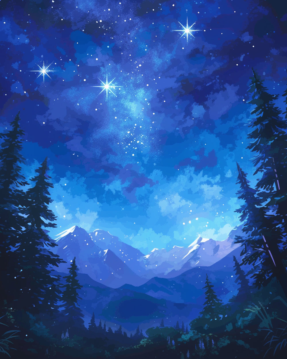 Mountains and Forests under the Blue Starry Sky Diamond Painting