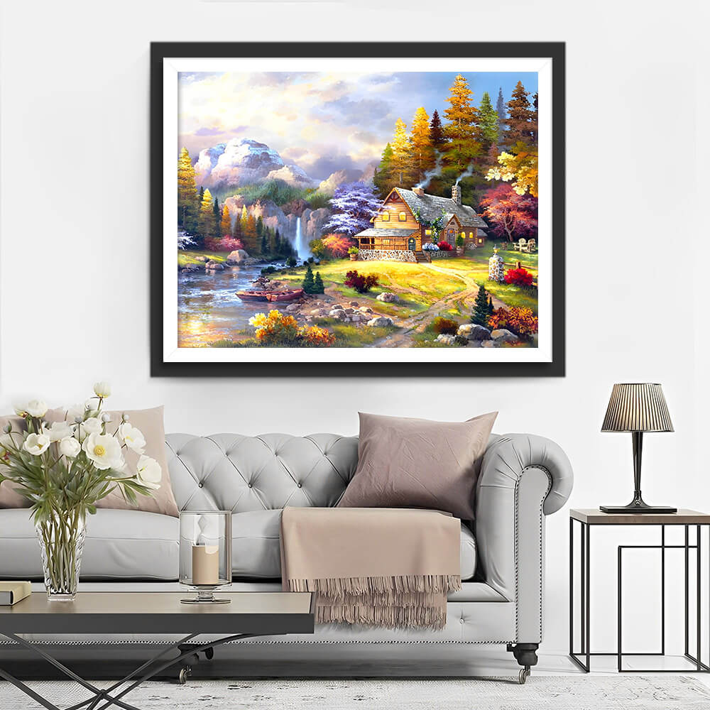 Mountains, Waterfall and Hut Diamond Painting