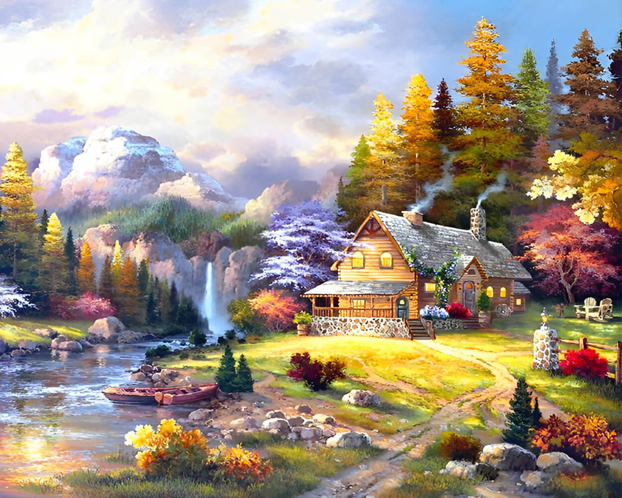 Mountains, Waterfall and Hut Diamond Painting
