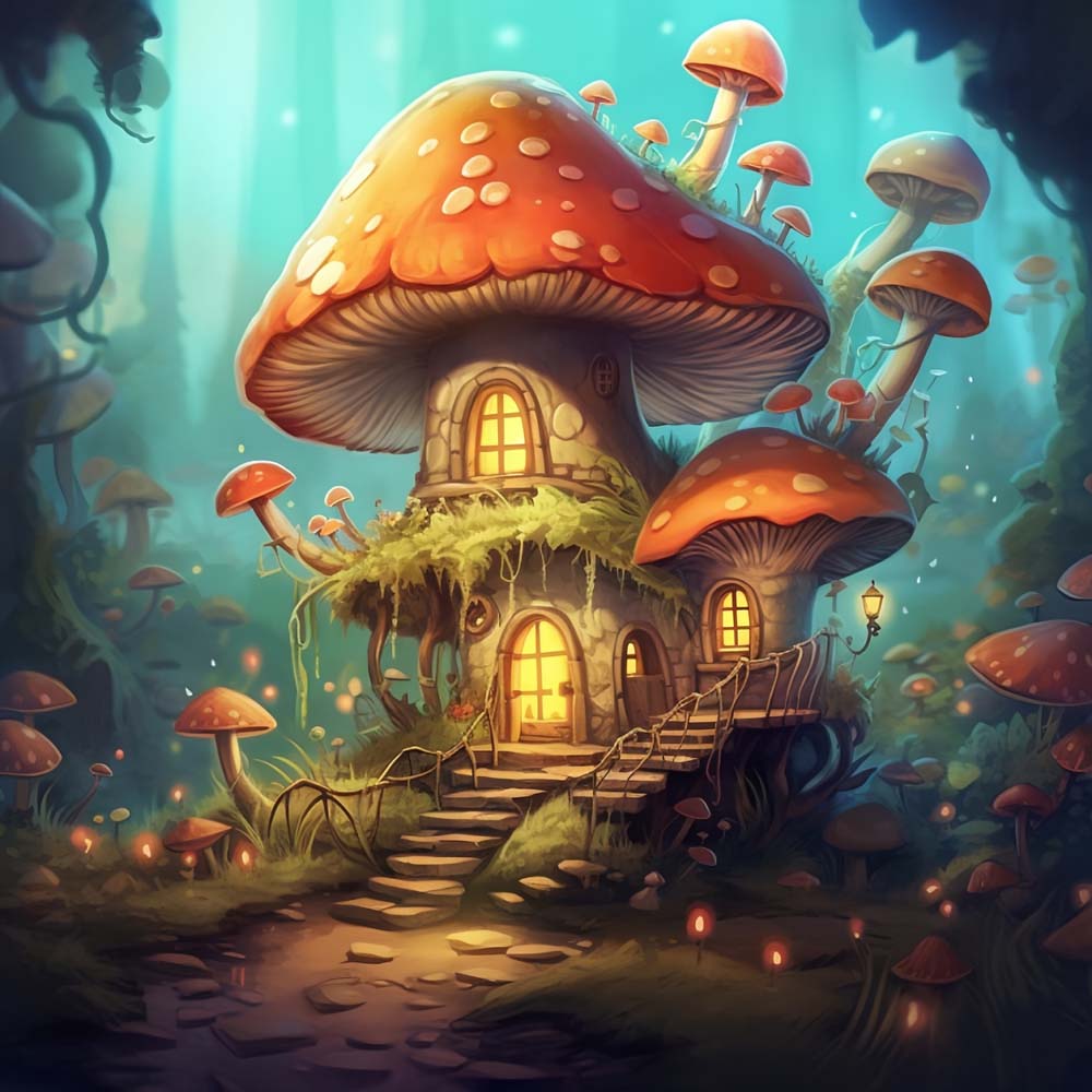Mushroom House in Forest Diamond Painting