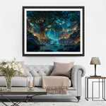 Mysterious Glowing Forest, Enormous Tree and Waterfalls Diamond Painting