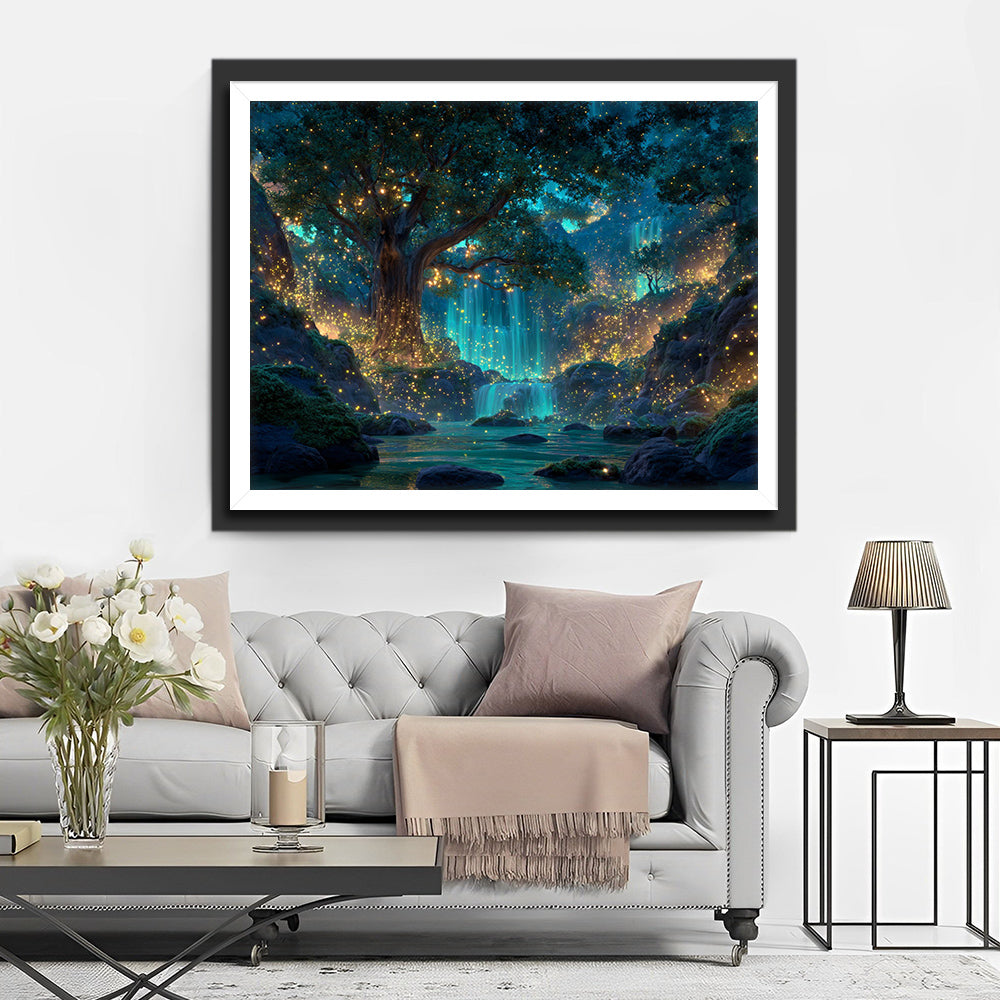 Mysterious Glowing Forest, Enormous Tree and Waterfalls Diamond Painting
