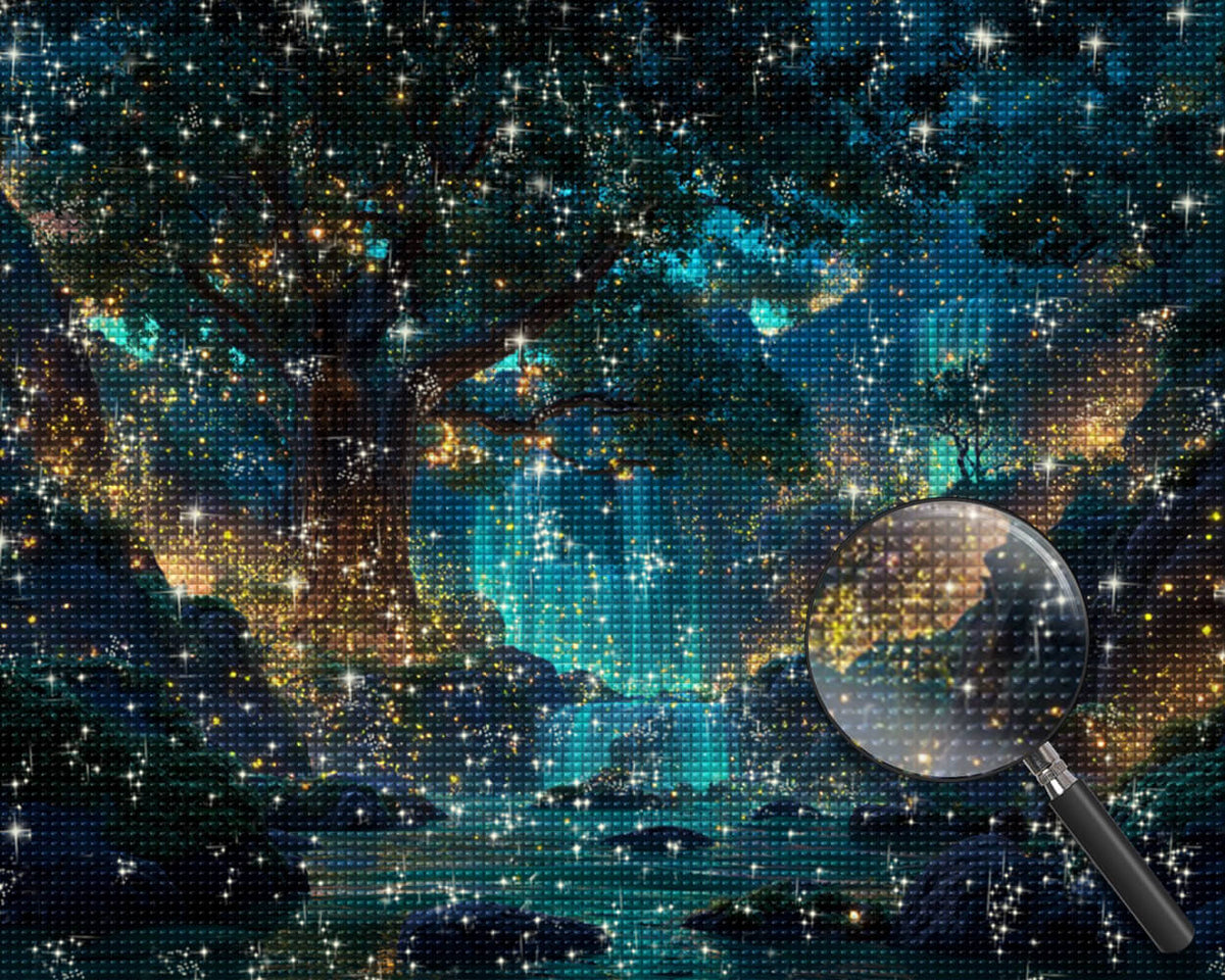 Mysterious Glowing Forest, Enormous Tree and Waterfalls Diamond Painting