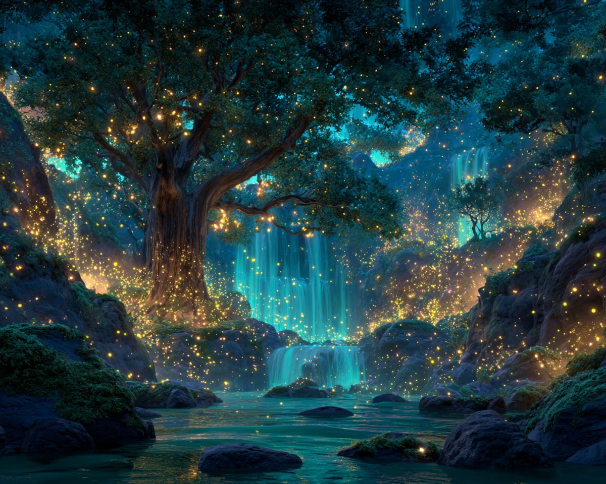 Mysterious Glowing Forest, Enormous Tree and Waterfalls Diamond Painting