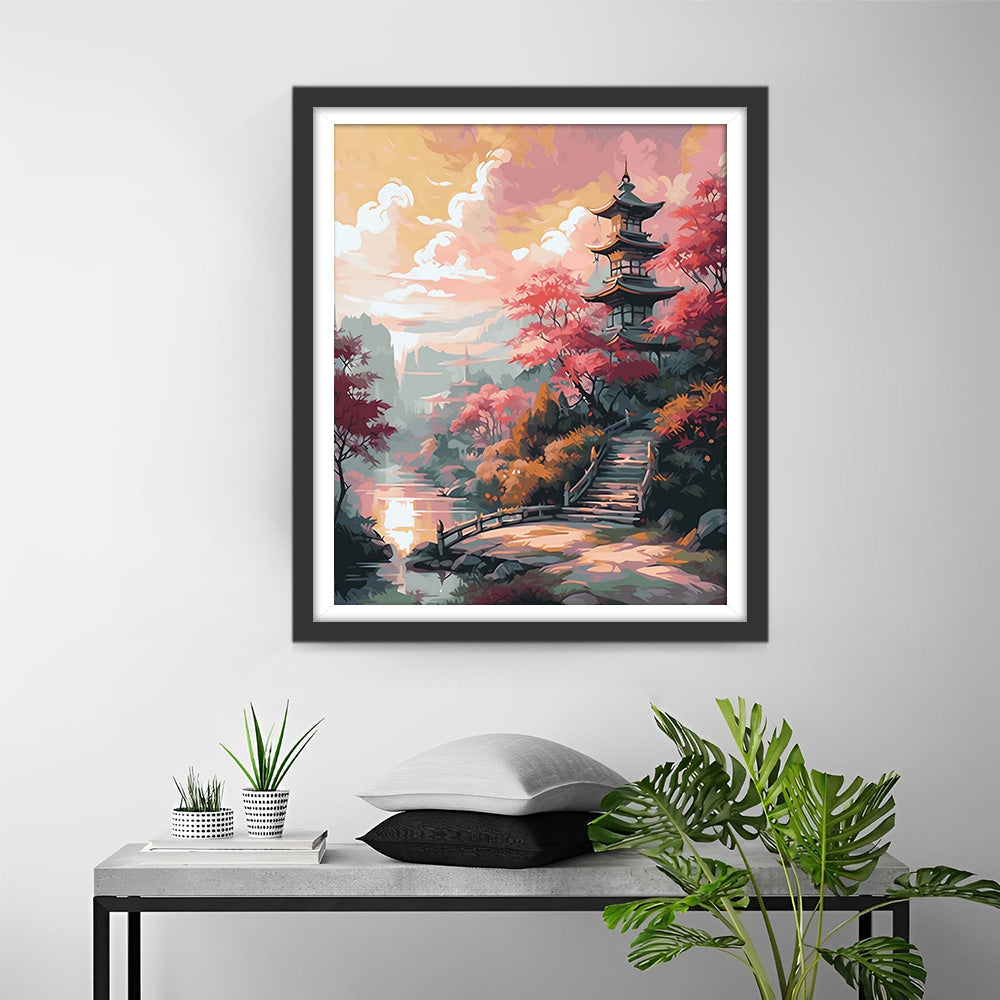 Old Temple and Red Maple Trees in the Mountains Diamond Painting