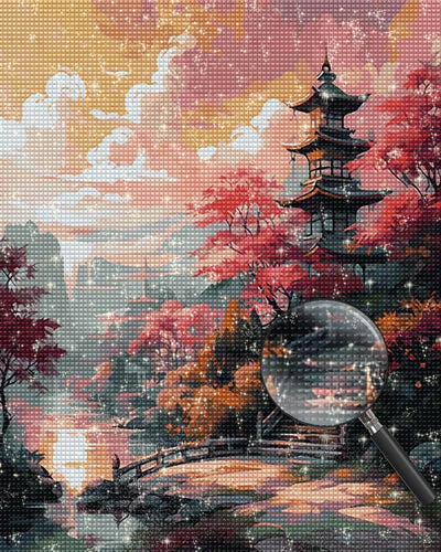 Old Temple and Red Maple Trees in the Mountains Diamond Painting