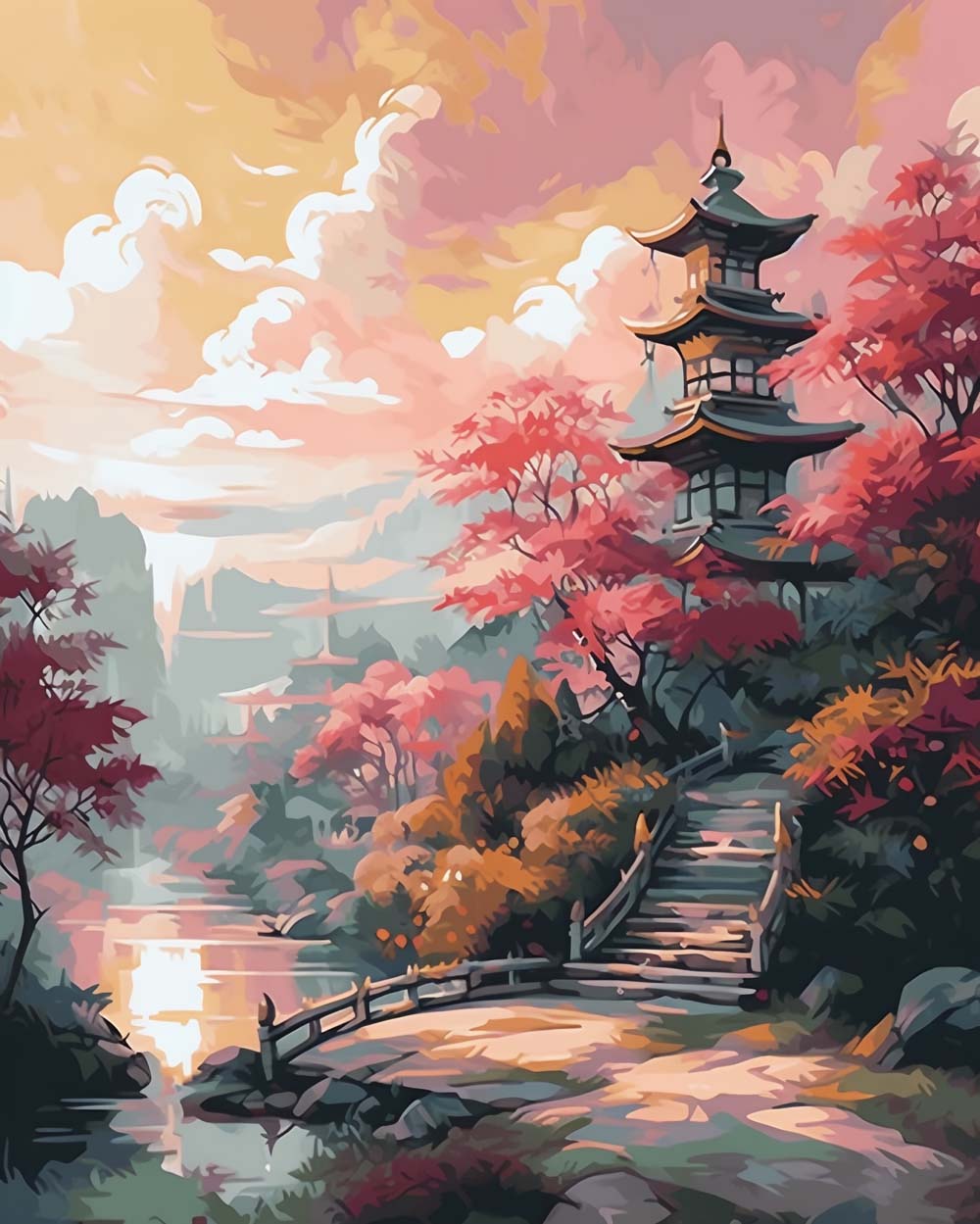 Old Temple and Red Maple Trees in the Mountains Diamond Painting