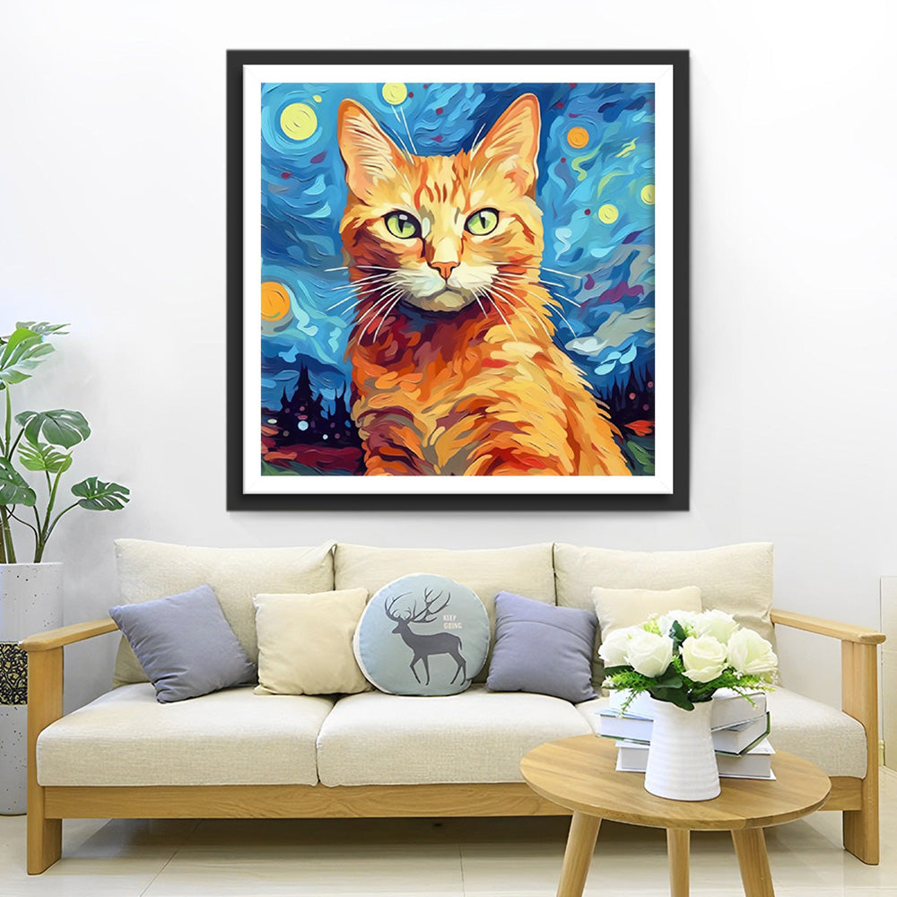 Orange Cat under the Starry Night Diamond Painting