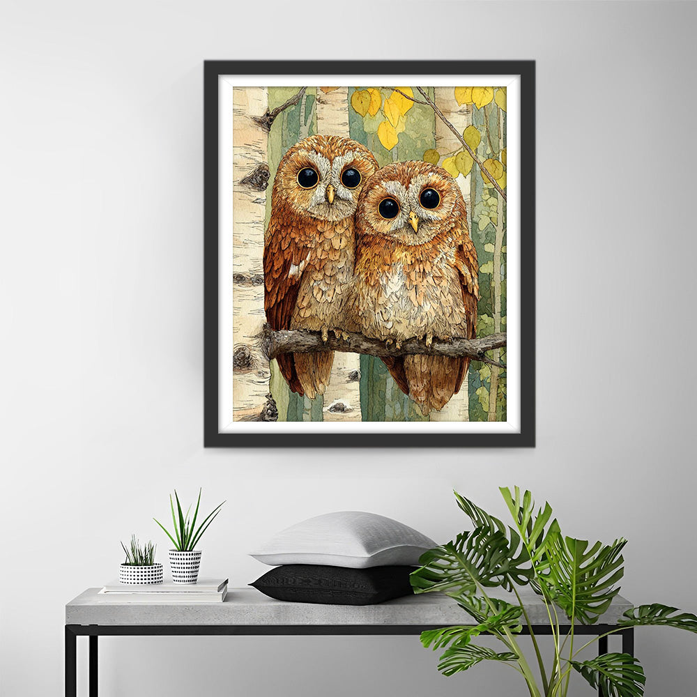 Owl Couple on a Branch Diamond Painting