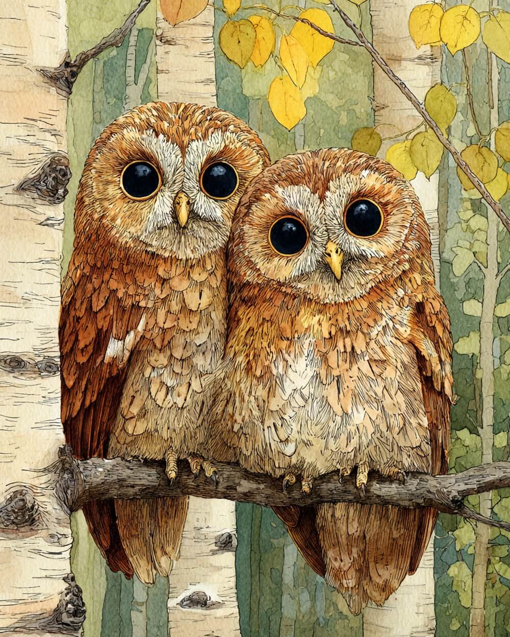 Owl Couple on a Branch Diamond Painting