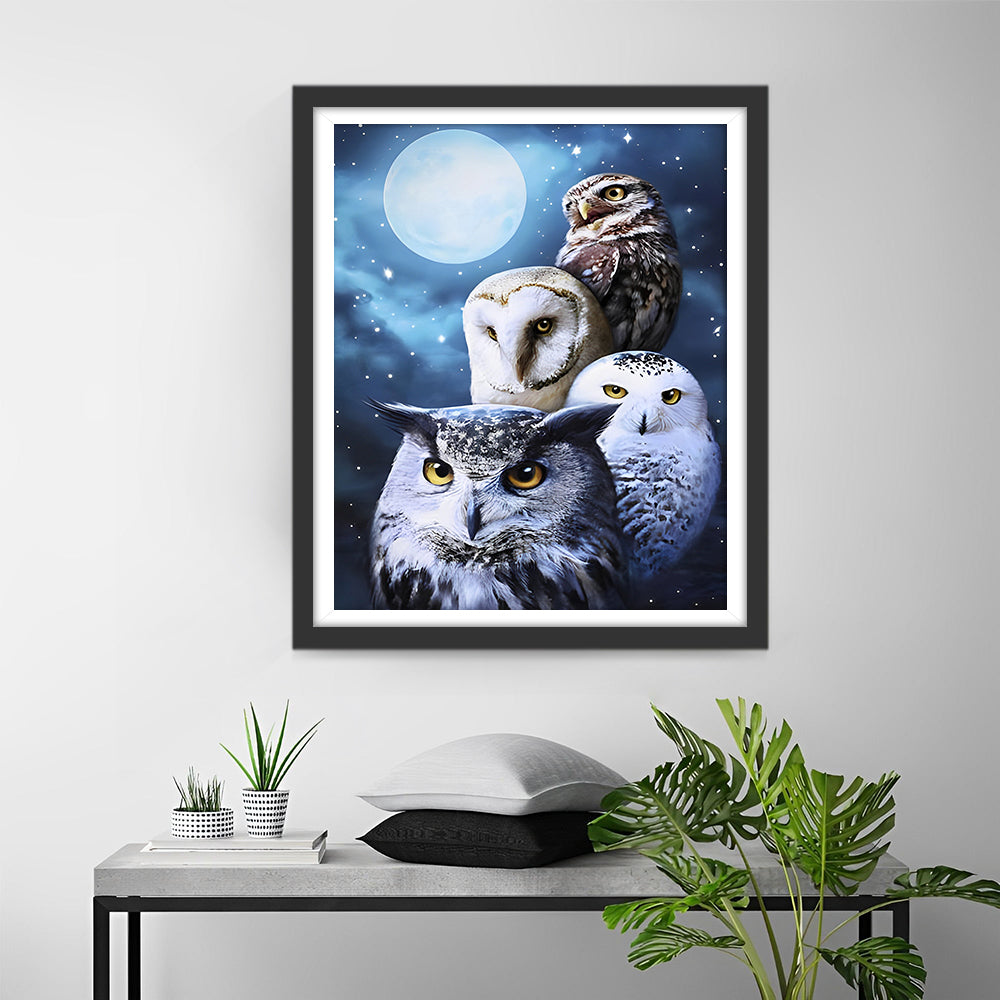 Owl Family and Moon Diamond Painting