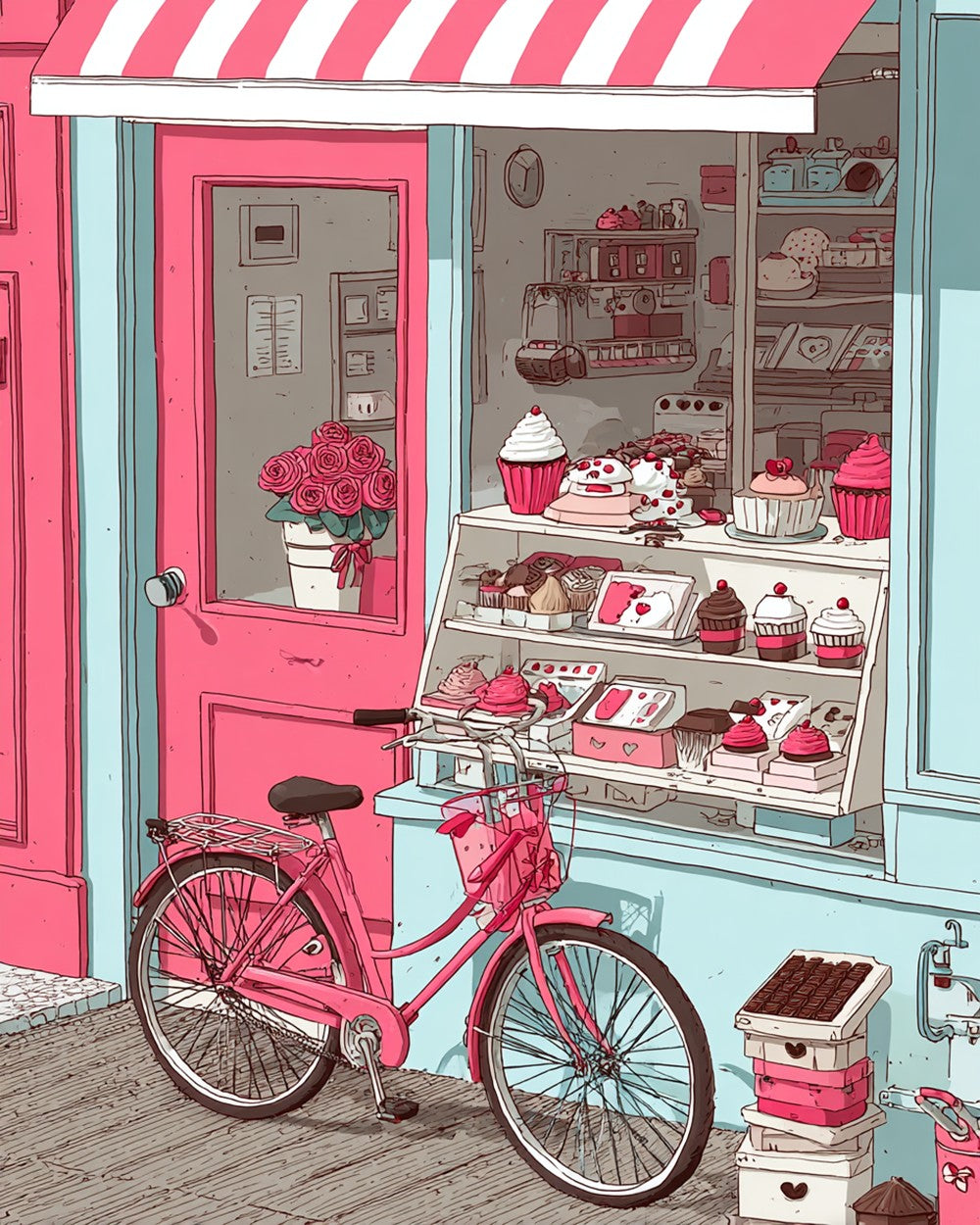 Pink Cake Shop and Bicycle Diamond Painting