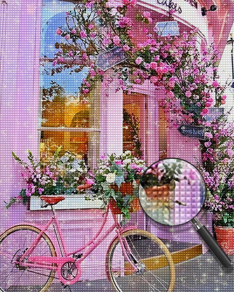 Pink Flower Shop and Bicycle Diamond Painting