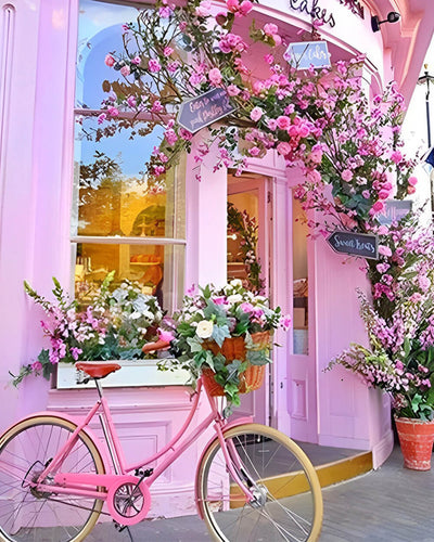 Pink Flower Shop and Bicycle Diamond Painting