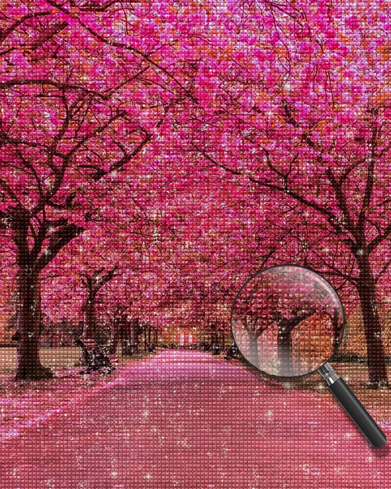 Pink Flowered Trees along the Road Diamond Painting