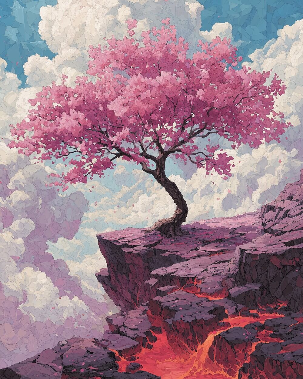 Pink Flowering Tree on the Cliff Diamond Painting