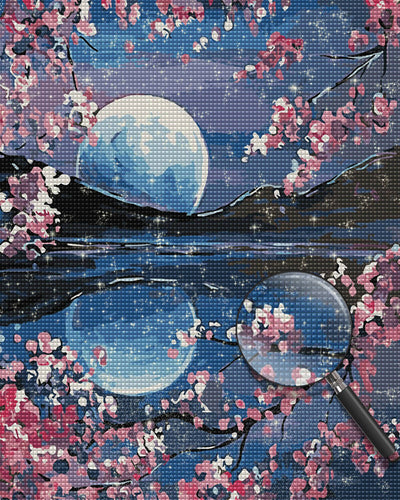 Pink Flowers and Moon Diamond Painting