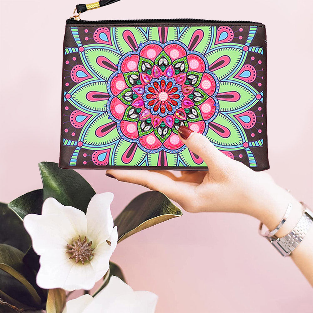 Pinkish-Green Lotus Mandala Diamond Painting Wrist Bag