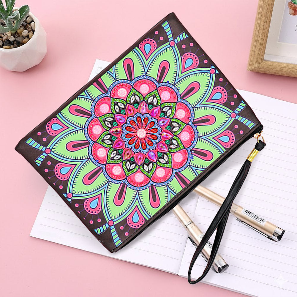 Pinkish-Green Lotus Mandala Diamond Painting Wrist Bag