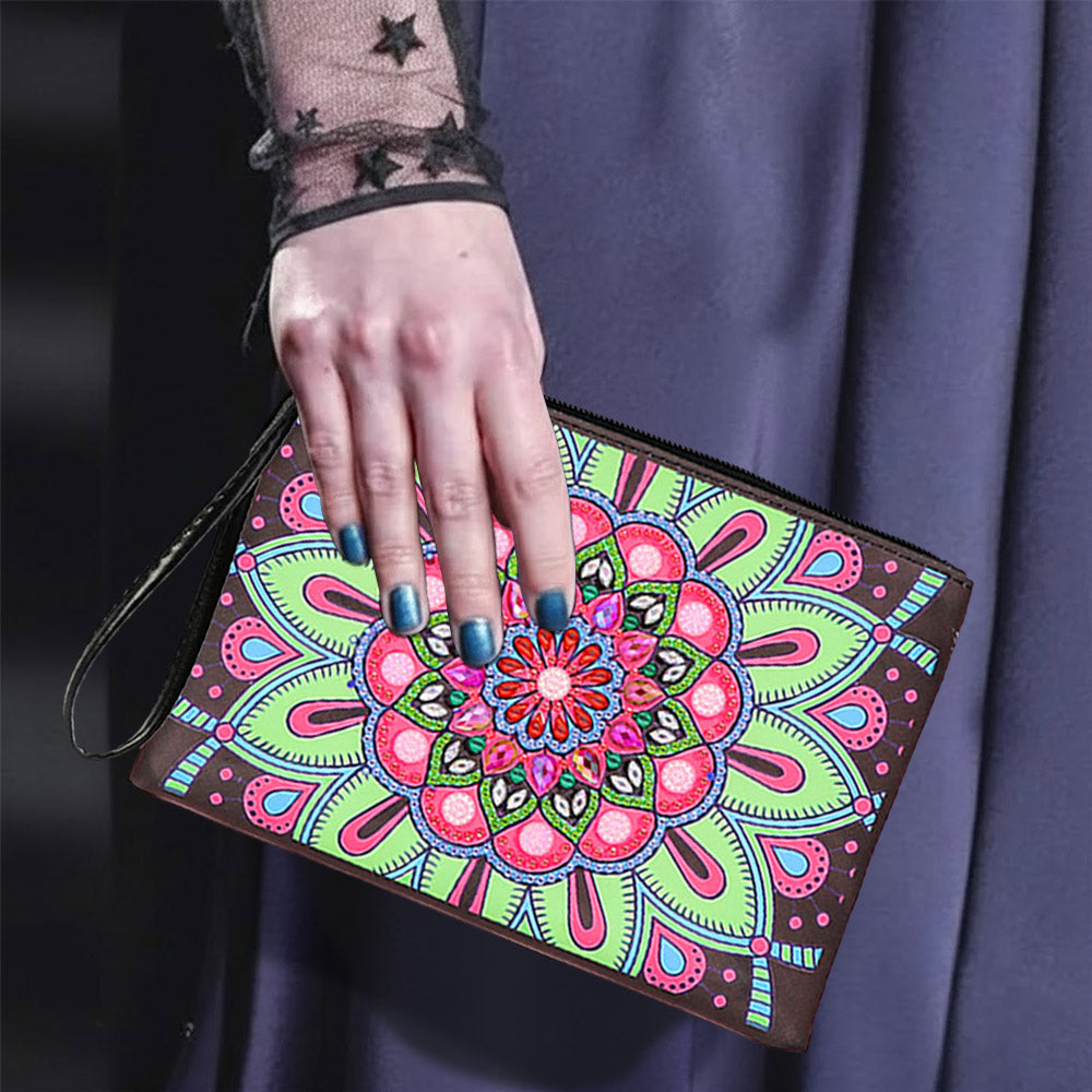 Pinkish-Green Lotus Mandala Diamond Painting Wrist Bag