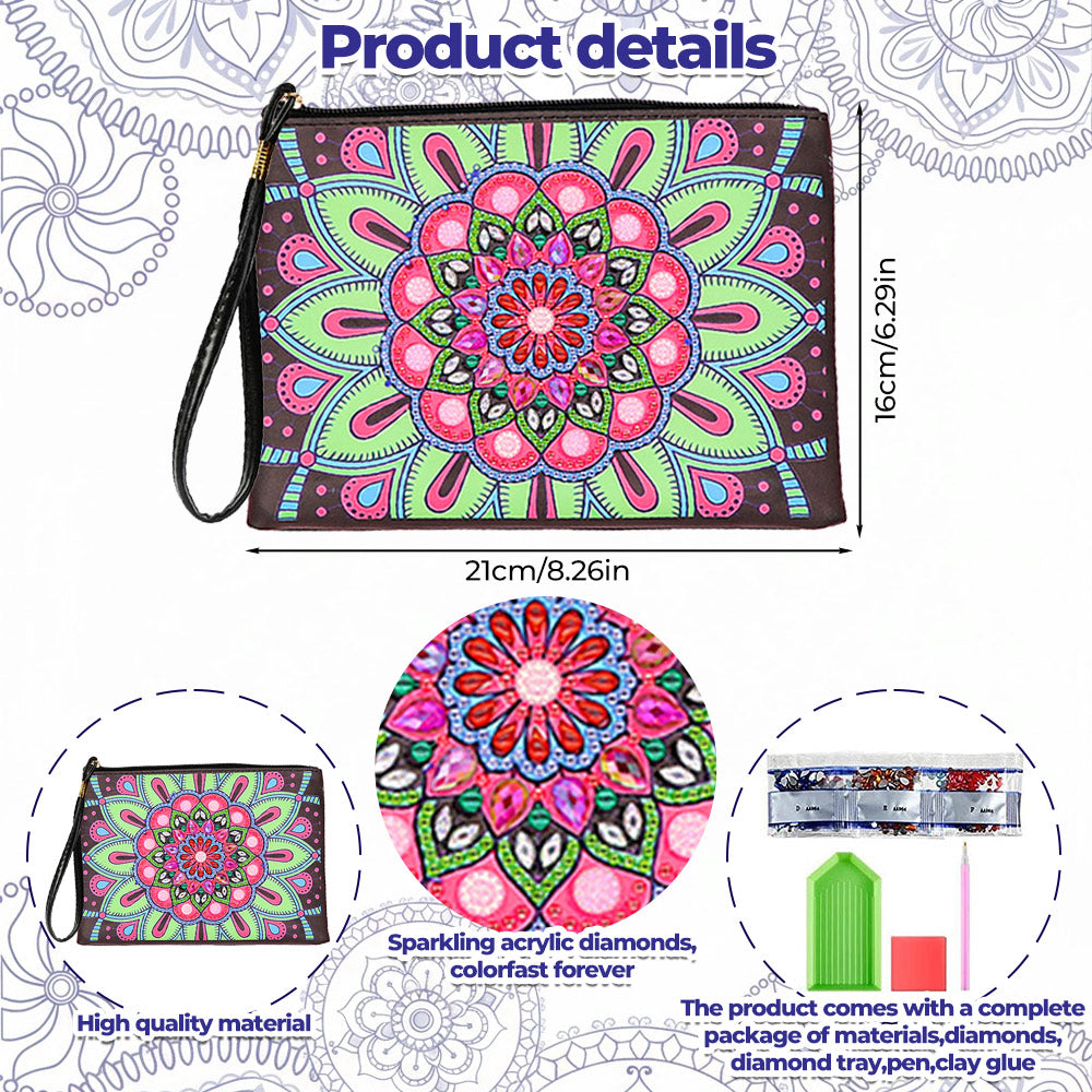 Pinkish-Green Lotus Mandala Diamond Painting Wrist Bag