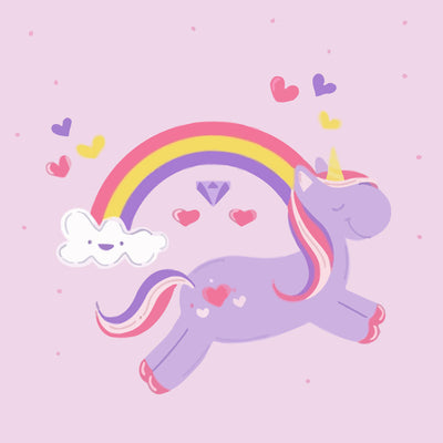 Purple Cartoon Unicorn, Rainbow and Colorful Hearts Diamond Painting