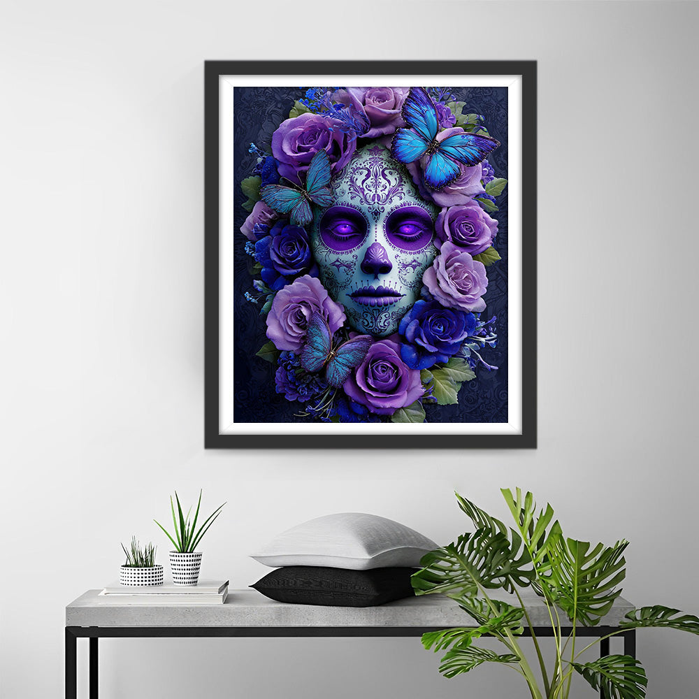 Purple Roses, a Beautiful Skeleton, and Blue Butterflies Diamond Painting