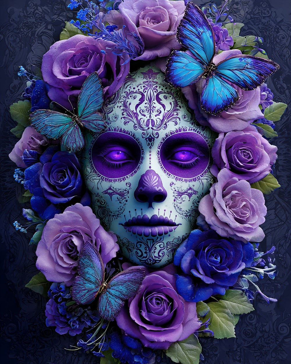 Purple Roses, a Beautiful Skeleton, and Blue Butterflies Diamond Painting