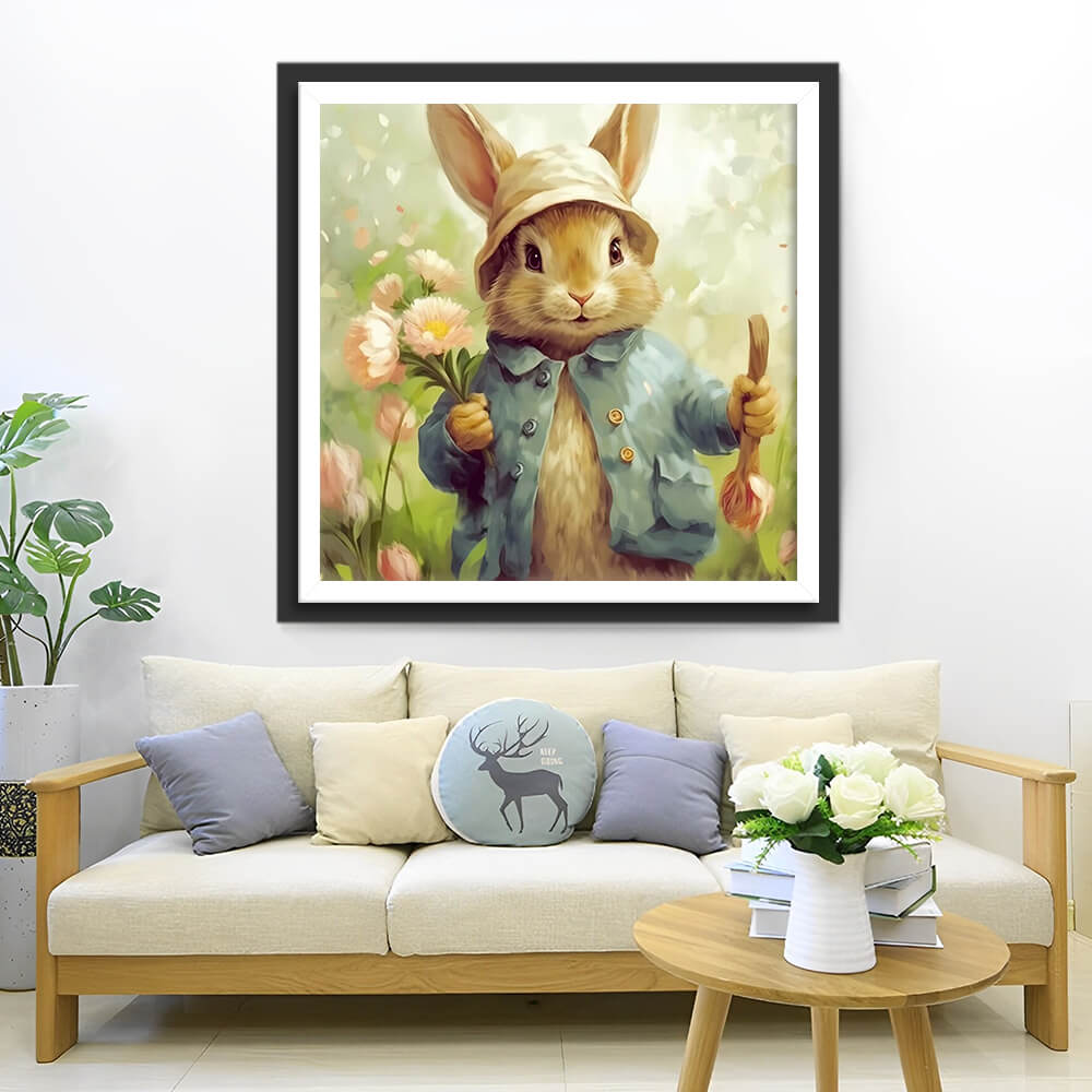 Rabbit Holding Flowers Diamond Painting
