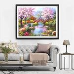 Red Bridge and Pink Flower Trees Diamond Painting