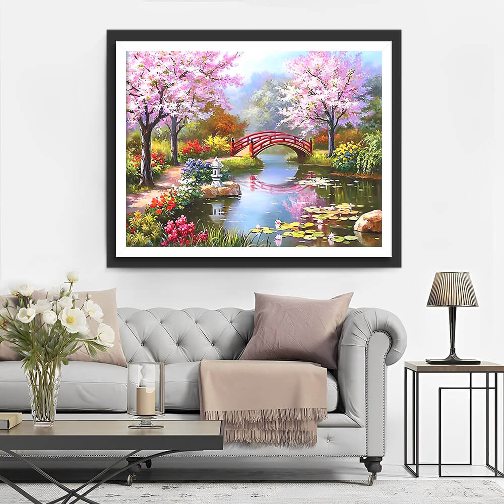 Red Bridge and Pink Flower Trees Diamond Painting