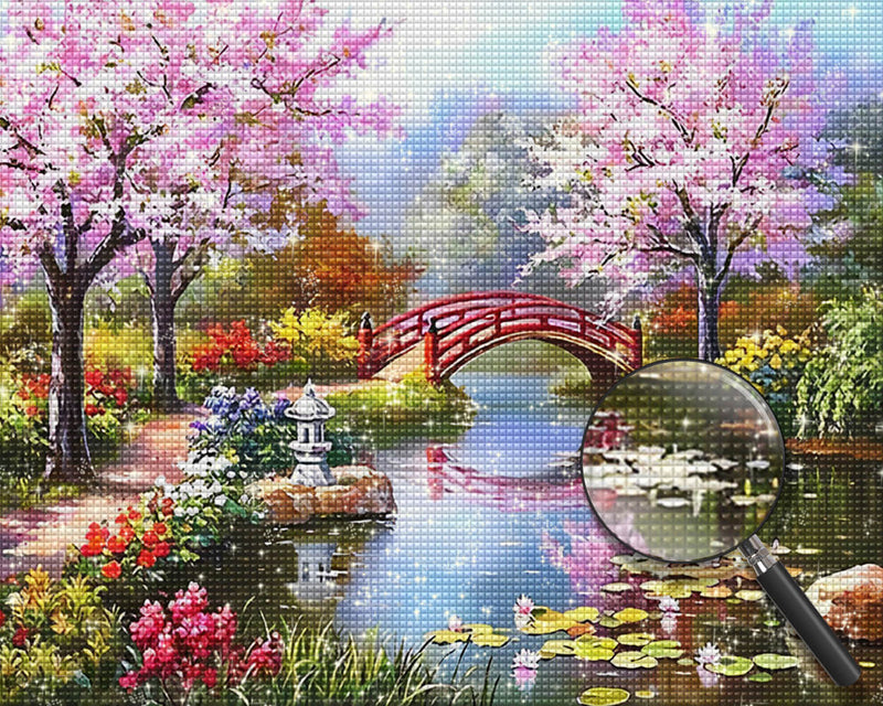 Red Bridge and Pink Flower Trees Diamond Painting