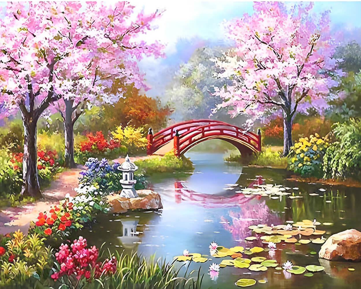 Red Bridge and Pink Flower Trees Diamond Painting